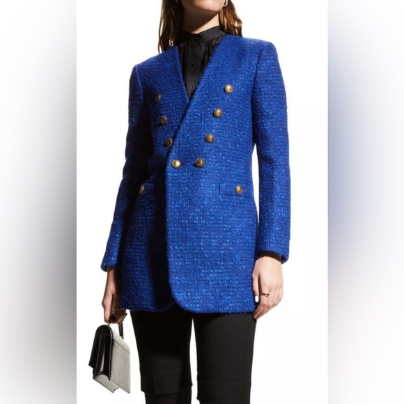 RARE Saint Laurent collarless blue tweed long blazer jacket NWT - Picture 5 of 14